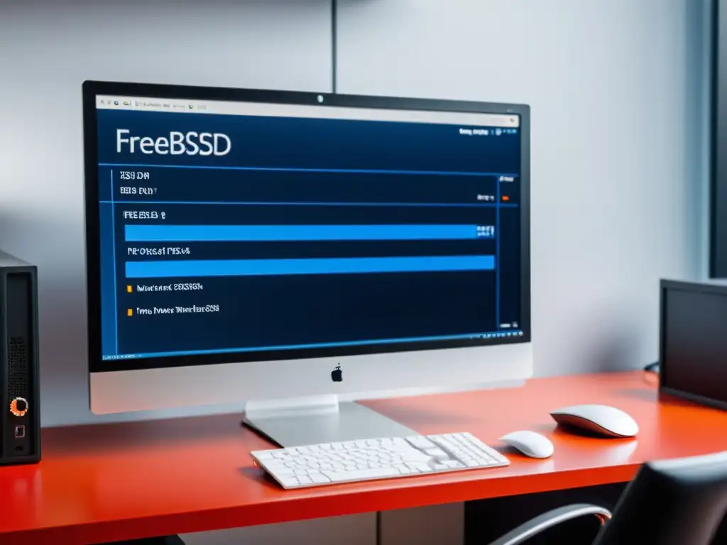 Una imagen de un ordenador de escritorio moderno corriendo FreeBSD, con métricas de desempeño en pantalla