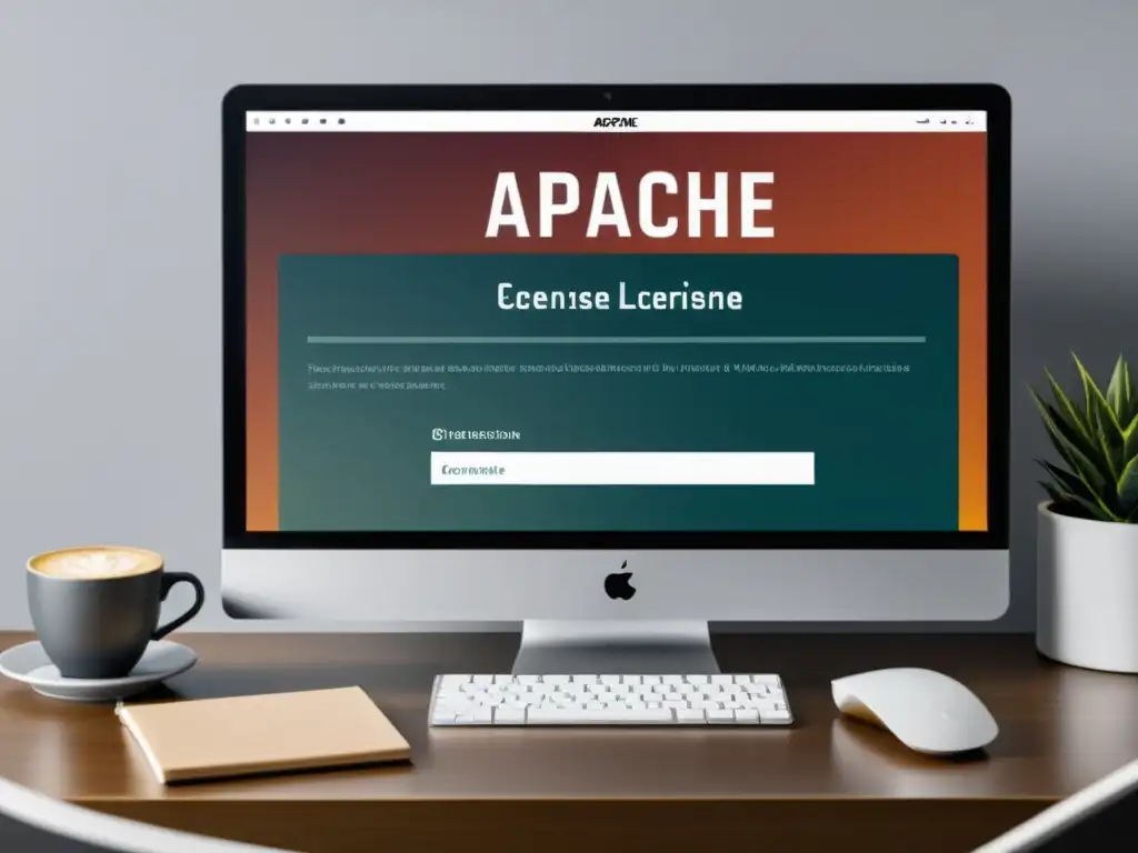 Imagen de pantalla con la Guía detallada Apache License software libre, en un entorno profesional con café y cuaderno