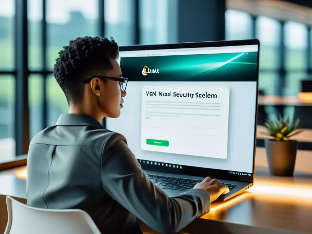 Imagen de persona usando laptop con Linux en oficina moderna, con enfoque en VPN