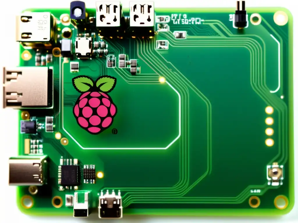 Una imagen de alta resolución de la placa de circuito Raspberry Pi, resaltando su compleja red de componentes eléctricos