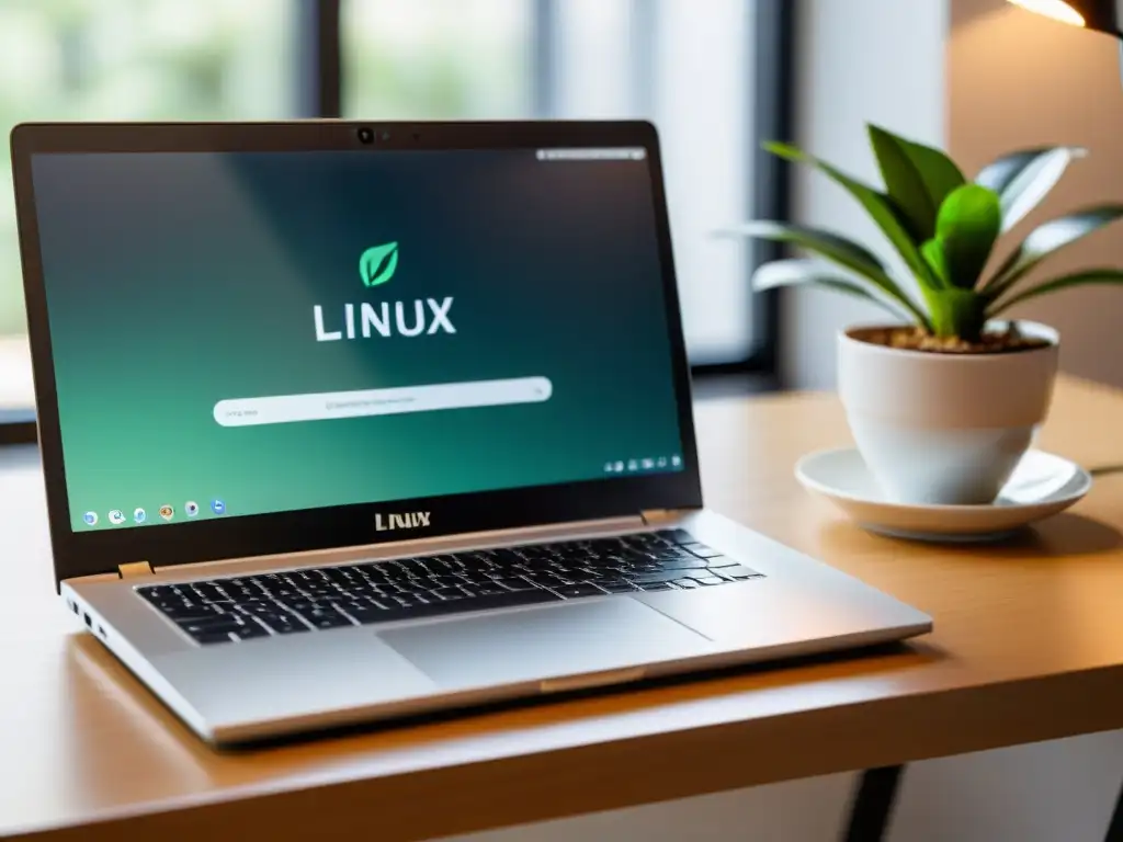 Imagen de un portátil moderno con el terminal de comandos de Linux abierto, en un espacio minimalista y sereno