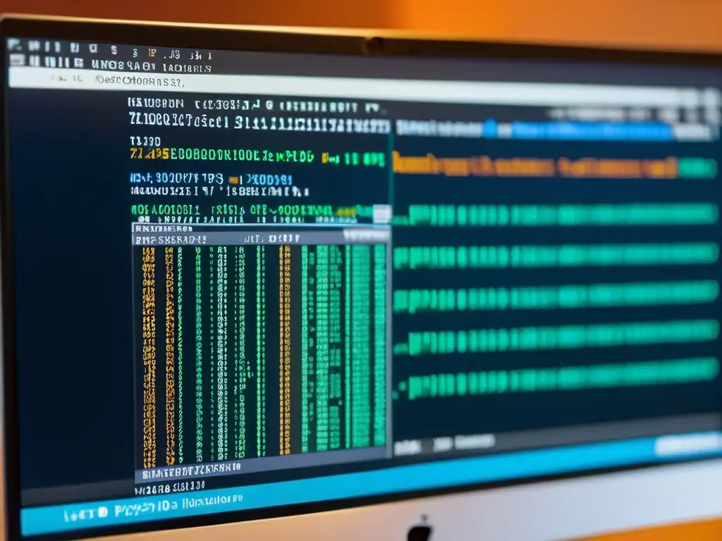 Una imagen muestra un primer plano detallado de un código en varios lenguajes de programación, con una estación de trabajo moderna