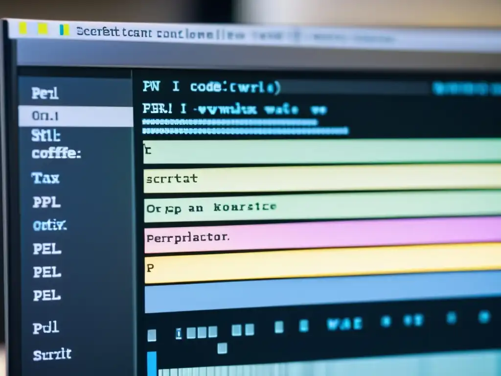 Imagen de programación en Perl en Linux, con pantalla de código, notas adhesivas y taza de café, creando una atmósfera acogedora y profesional