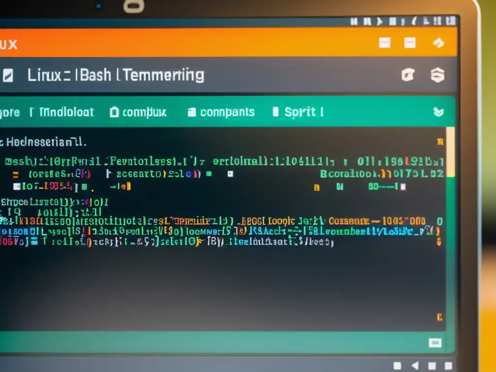 Imagen de programación con Bash en Linux: terminal con script complejo y entorno profesional con café