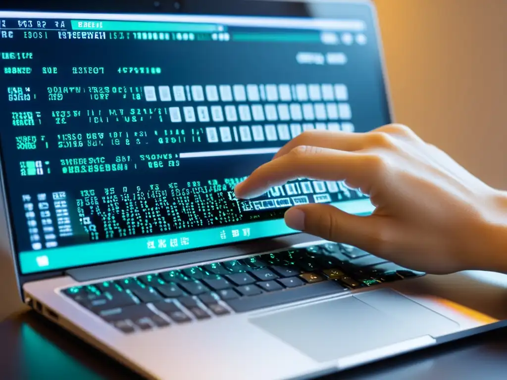 Imagen de un programador tecleando en un teclado de laptop, con código en la pantalla