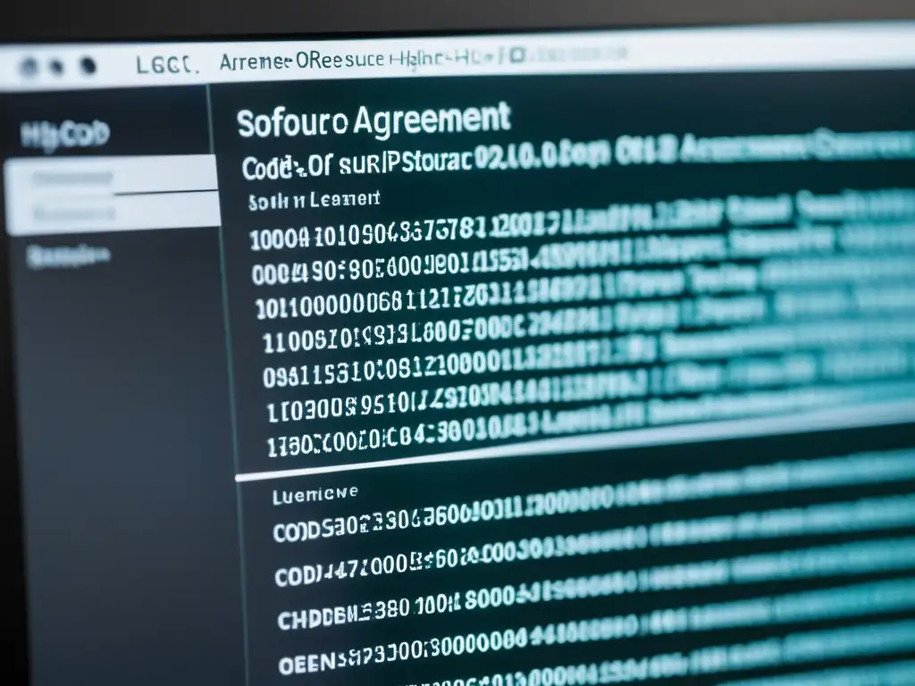Imagen de alta resolución de un código abierto en pantalla, destacando un acuerdo de licencia