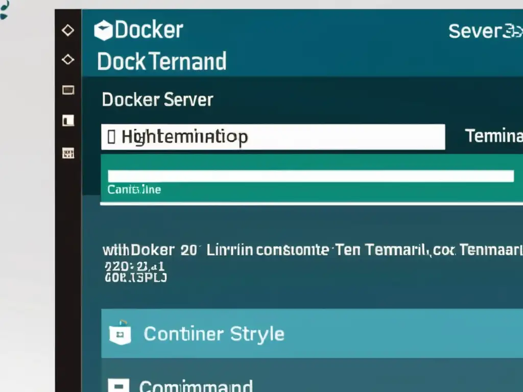 Una imagen de alta resolución de un contenedor Docker en un servidor Linux, mostrando la interfaz de línea de comandos y el estado del contenedor