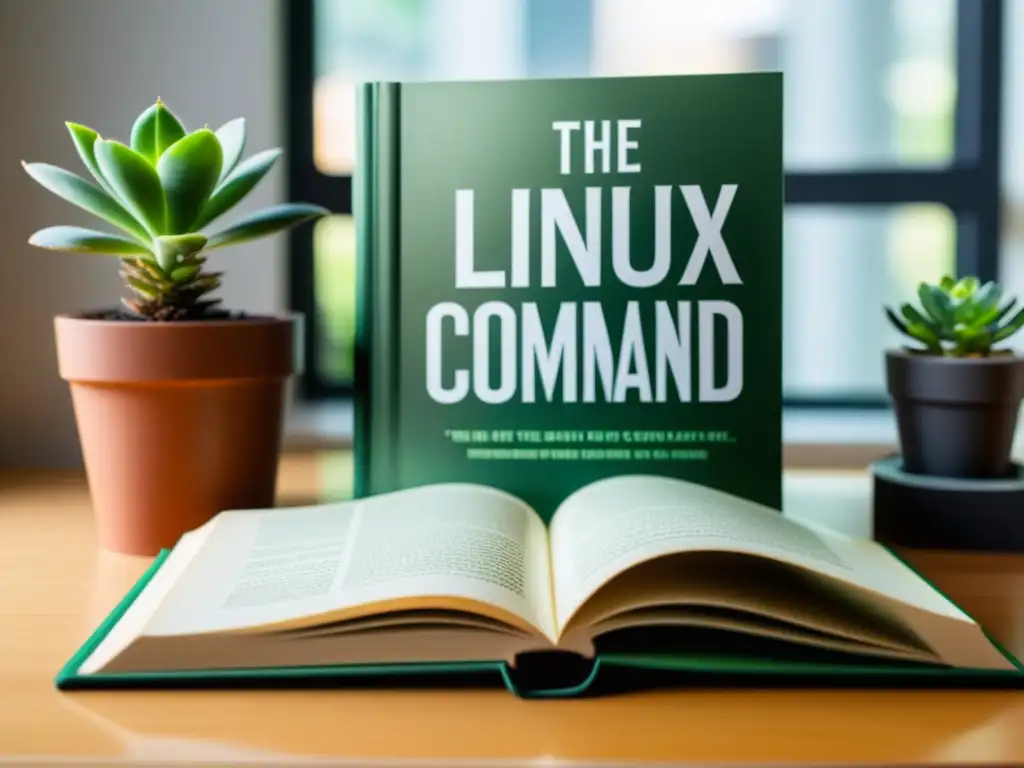 Una imagen de alta resolución de un libro abierto titulado 'The Linux Command Line', sobre un escritorio moderno con decoración minimalista