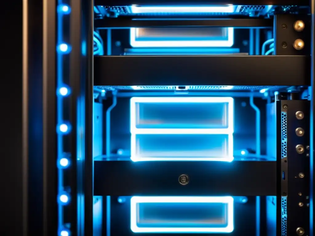 Rig de minería moderno con luces LED azules Una imagen de alta resolución de un moderno y elegante equipo de minería iluminado por luces LED azules, con cada componente meticulosamente conectado