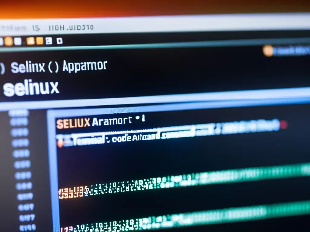 Una imagen de alta resolución de una pantalla de ordenador muestra líneas de código relacionadas con SELinux y AppArmor