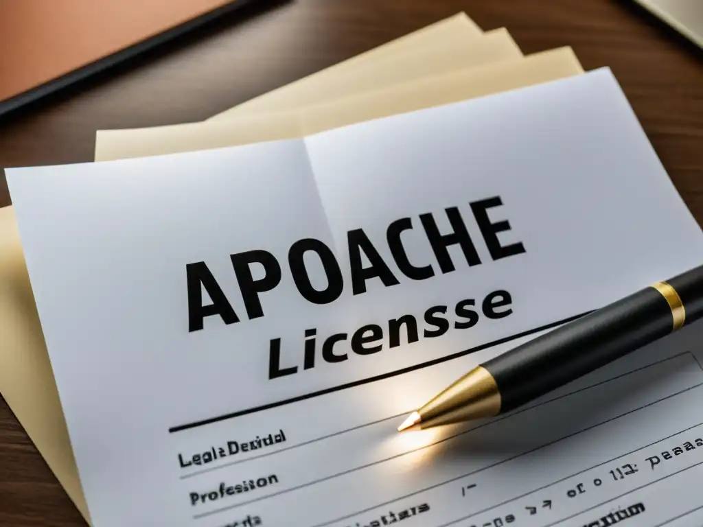 Una imagen de alta resolución muestra el texto de la Licencia Apache en un papel, con un entorno profesional y minimalista