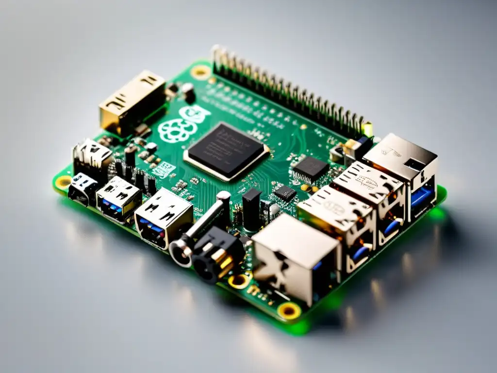 Una imagen de alta resolución de una Raspberry Pi 4 en una superficie blanca, resaltando su diseño minimalista y compacto