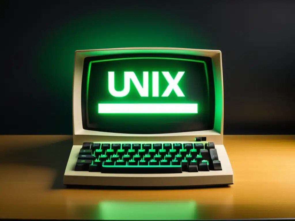 Imagen de un terminal Unix vintage con interfaz de línea de comandos, rodeado de un espacio de trabajo moderno y ordenado