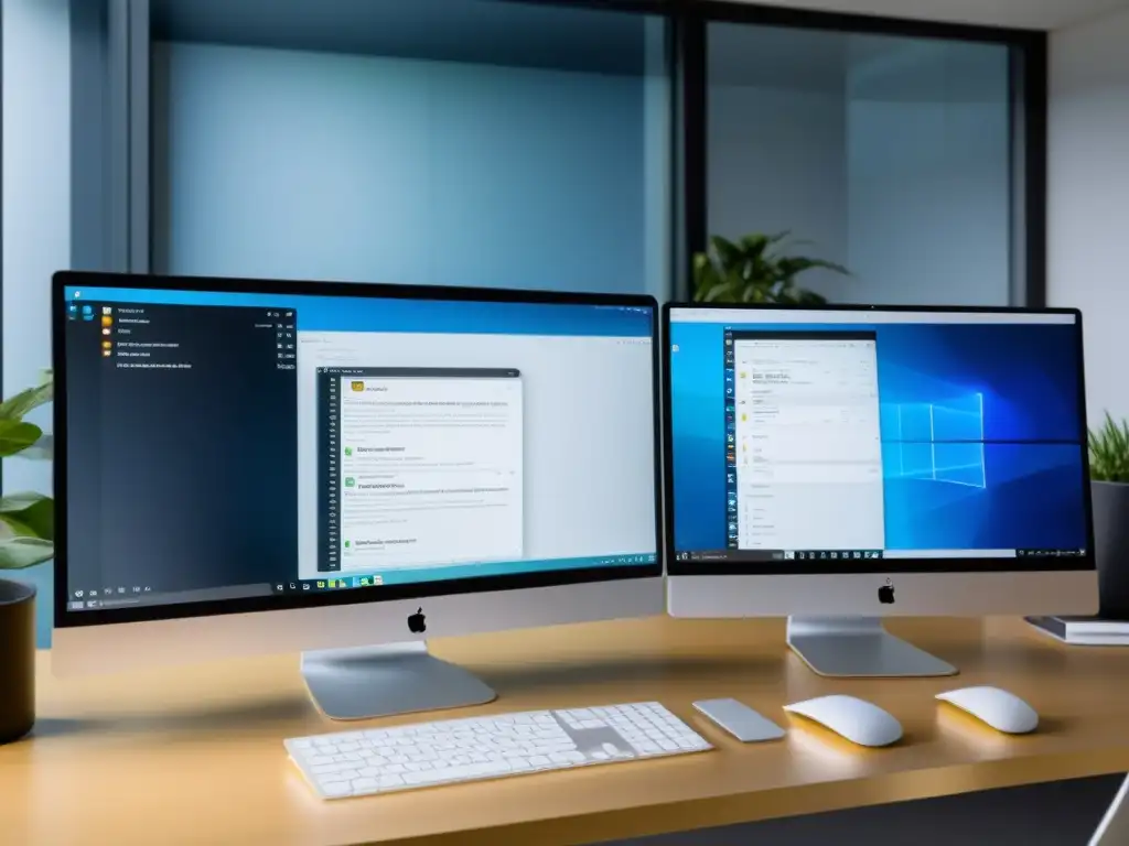 Una impactante imagen de dos pantallas de computadora mostrando sistemas operativos contrastantes, reflejando la ética y desarrollo de software