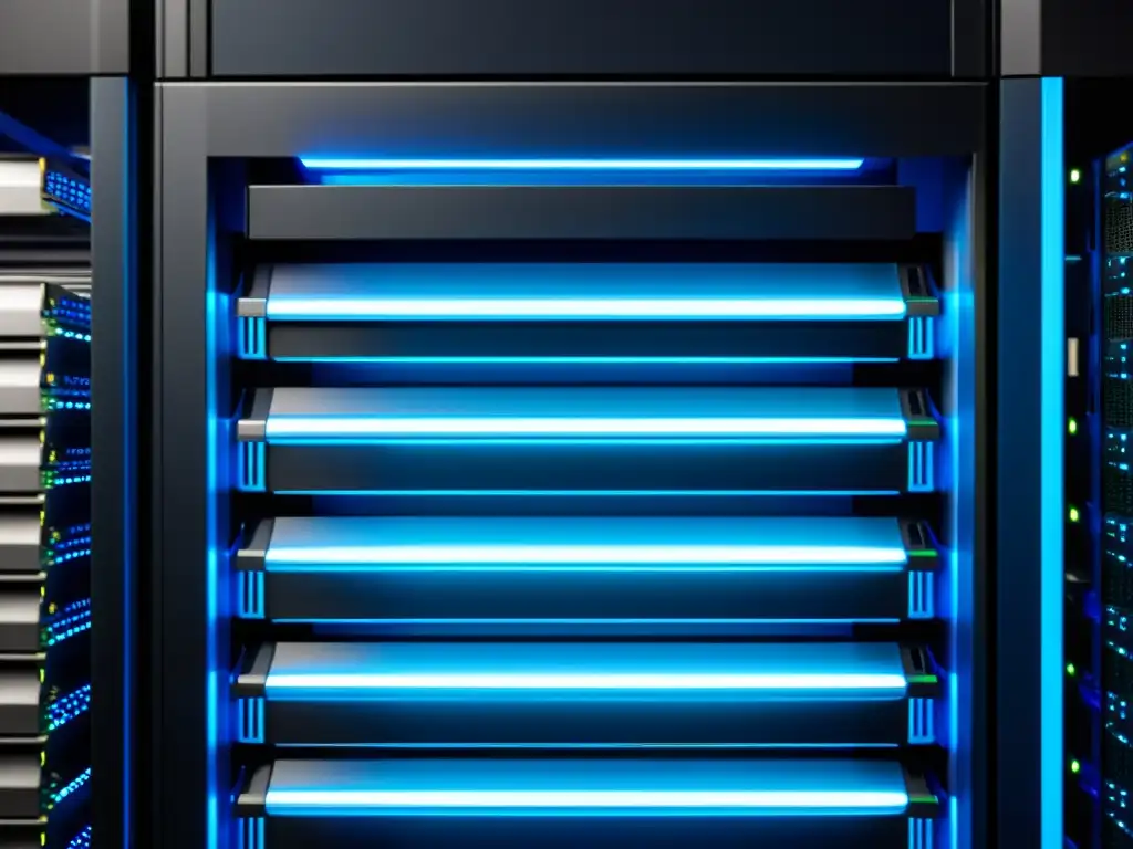 Un imponente rack de servidores de alta seguridad, con potentes GPUs y CPUs iluminados por LED azul