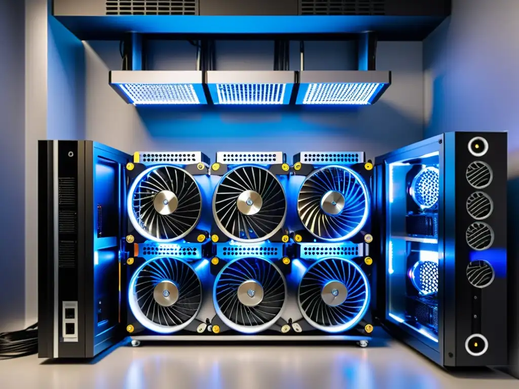 Una impresionante configuración de minería de criptomonedas con múltiples GPUs y sistemas de refrigeración, en un entorno profesional y futurista