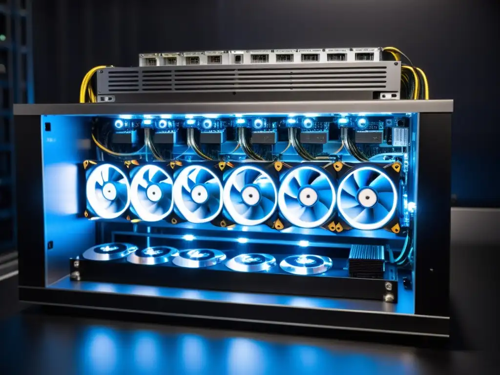 Una impresionante configuración de minería con GPUs destaca en un ambiente industrial oscuro, resaltada por un suave brillo azul