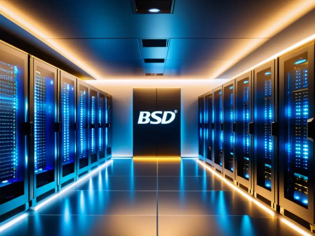 Un impresionante cuarto de servidores con filas de equipos BSD, iluminados en un suave resplandor