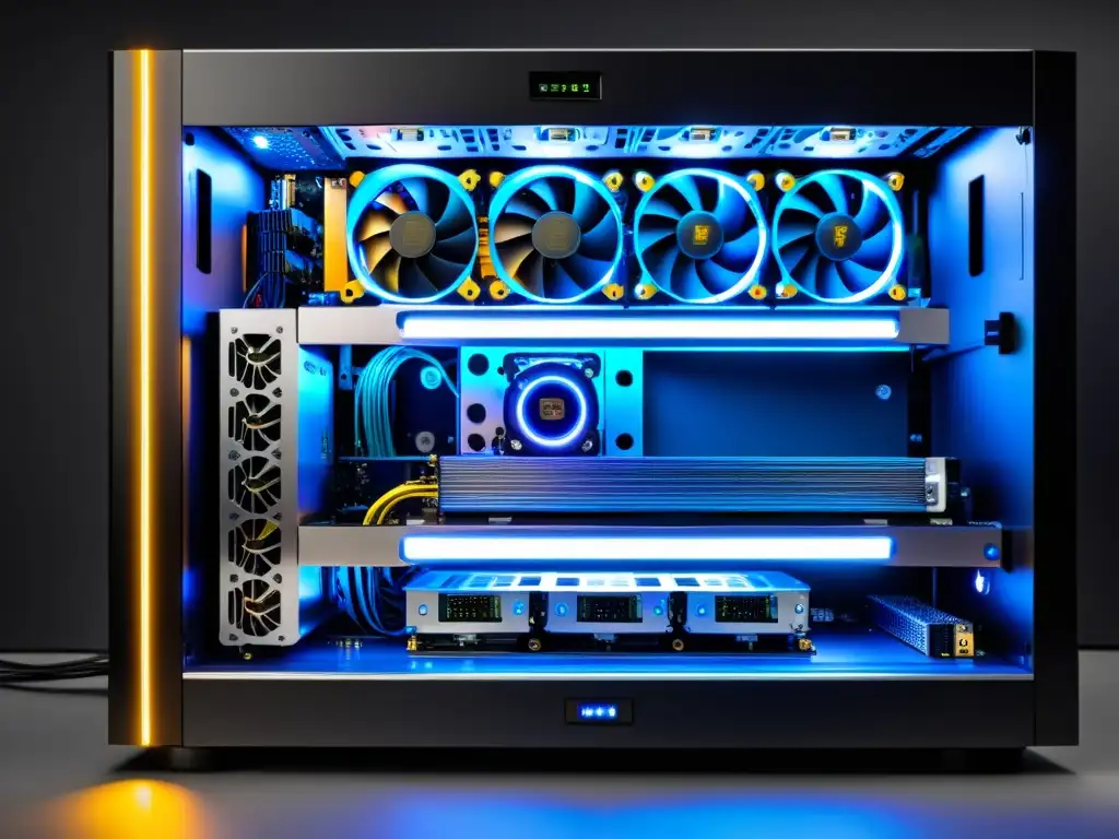 Un impresionante y detallado close-up de una rig de minería personalizada con múltiples GPUs de alta gama y sistemas de enfriamiento