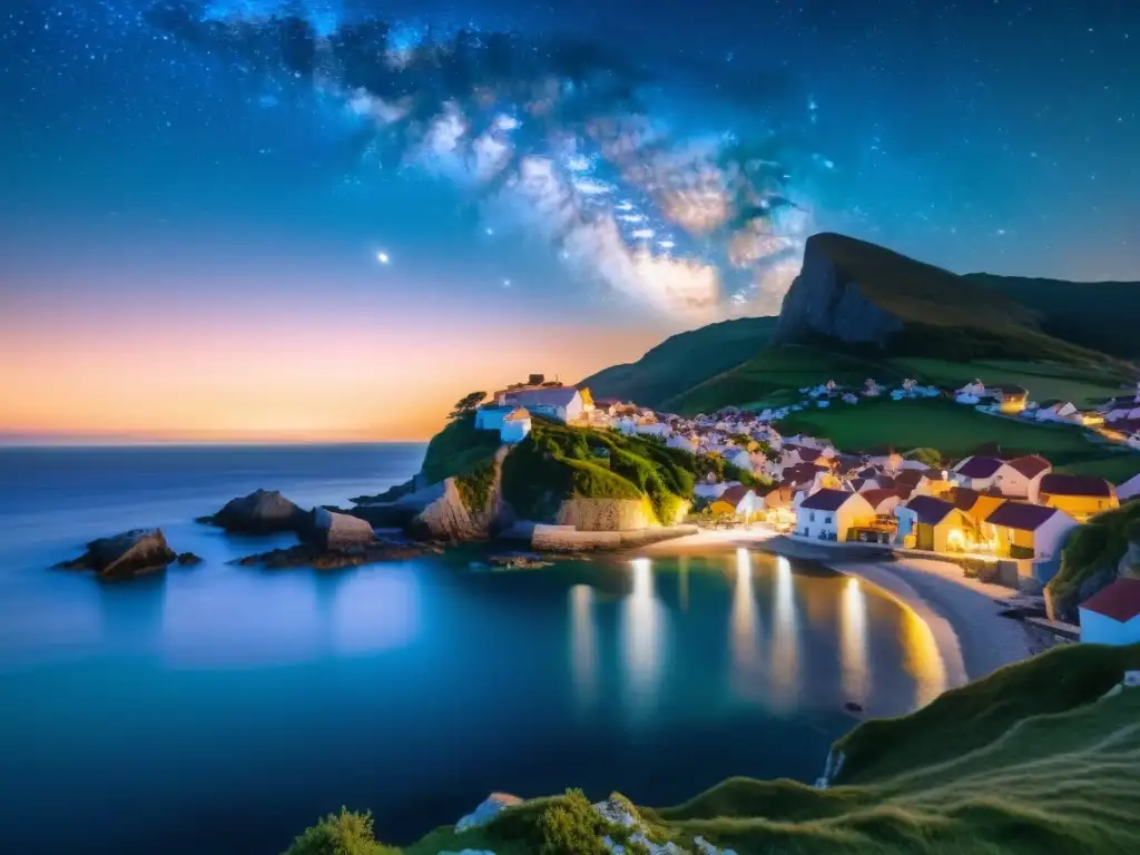 Una impresionante imagen del cielo nocturno, la Vía Láctea y un pueblo costero tranquilo iluminado por la luna