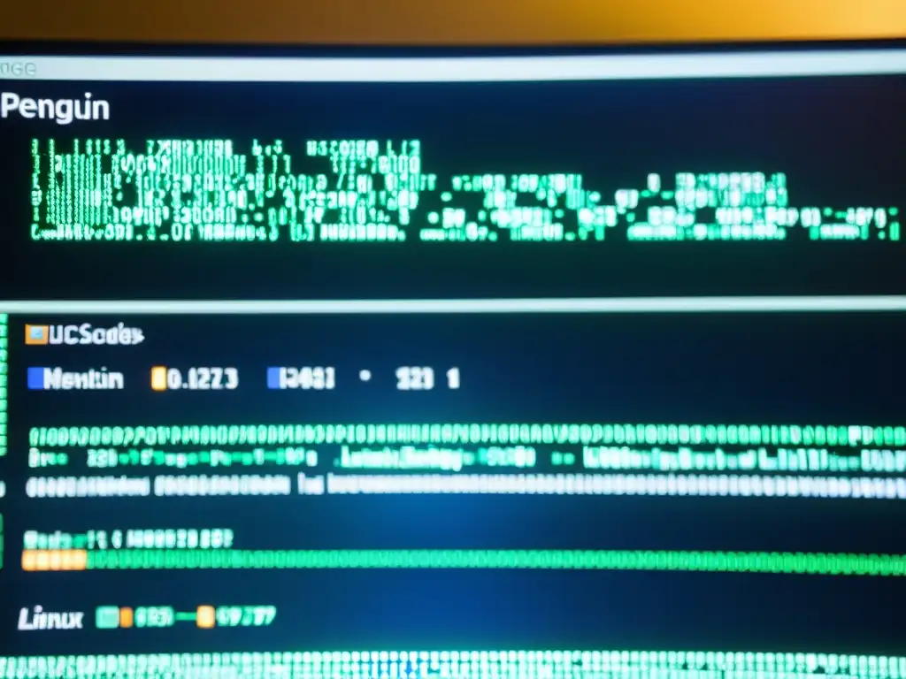 Una impresionante imagen documental muestra un monitor con código detallado y el logo del pingüino de Linux, perfecta para estudiar el núcleo de Linux