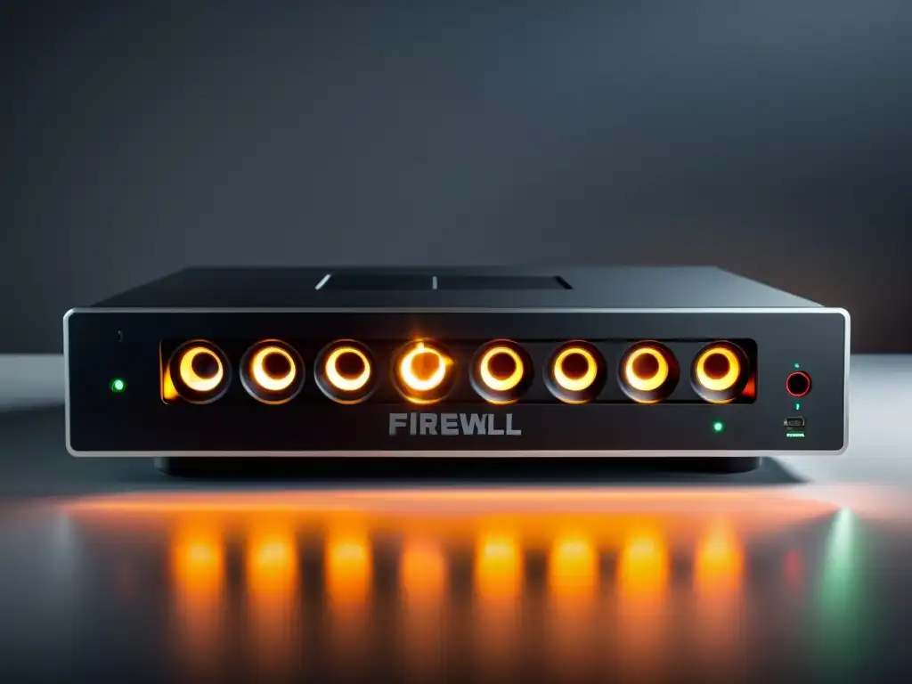 Una impresionante imagen de un moderno dispositivo de firewall, iluminado por una suave luz ambiental