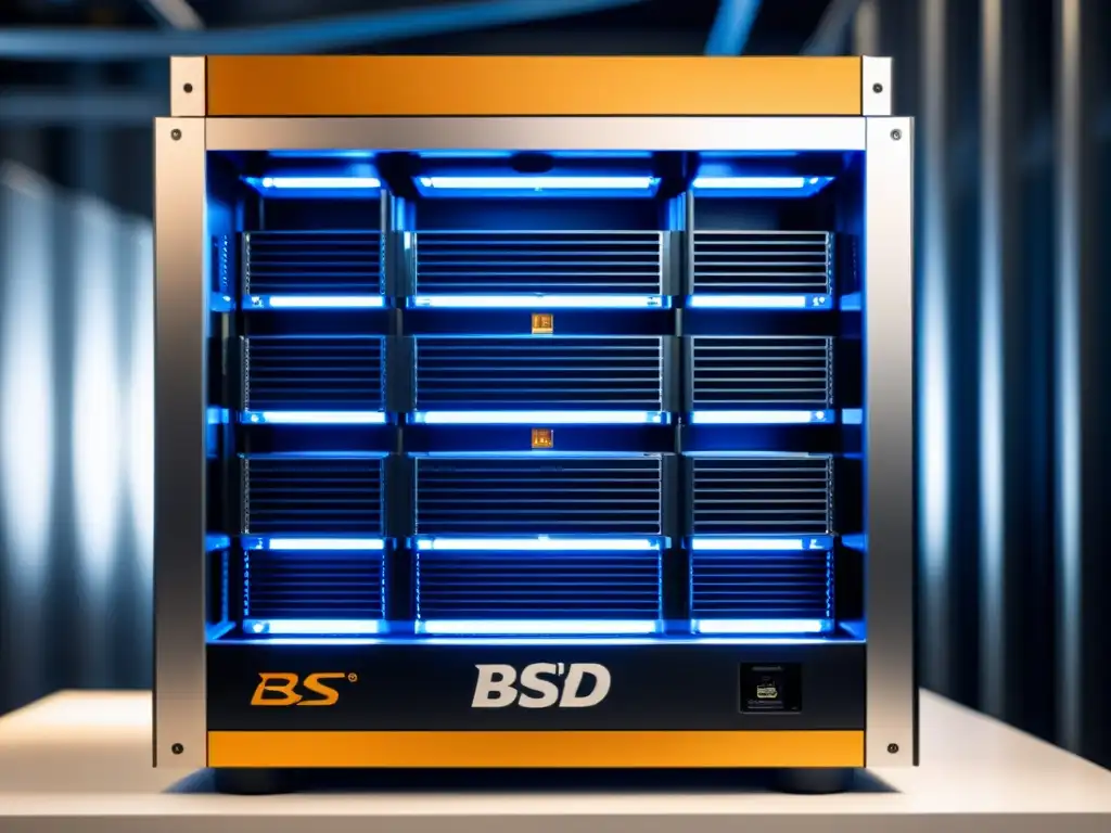 Una impresionante imagen de un rig de minería de altcoins en BSD, resaltando su estética minimalista y su naturaleza técnica y profesional