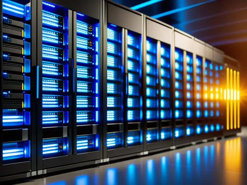 Almacenamiento de datos de última generación: servidor Linux Un impresionante rack de servidores con luces LED crea una atmósfera futurista