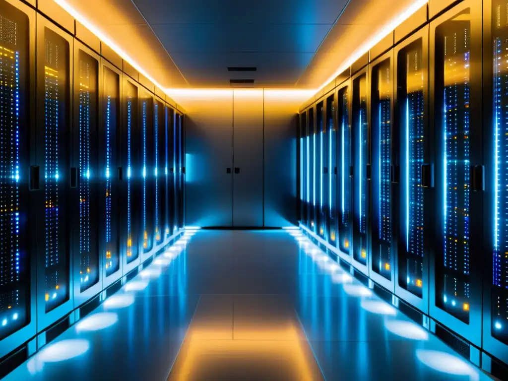 Centro de datos virtual: eficiencia y poder en Linux y BSD Una impresionante fotografía en ultradefinición de un moderno centro de datos, con servidores ordenados y luces LED brillantes