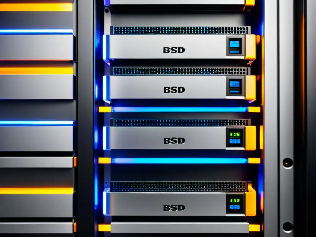 Una impresionante vista detallada de un rack de servidores lleno de equipos modernos, organizado y ordenado con luces indicadoras