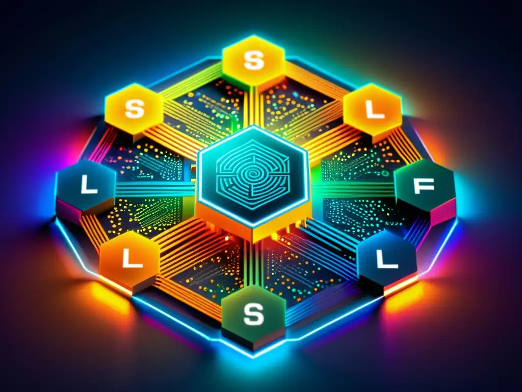 Impresionante representación visual de la implementación SSL/TLS en servidores Linux, con una red de nodos interconectados brillantes y coloridos