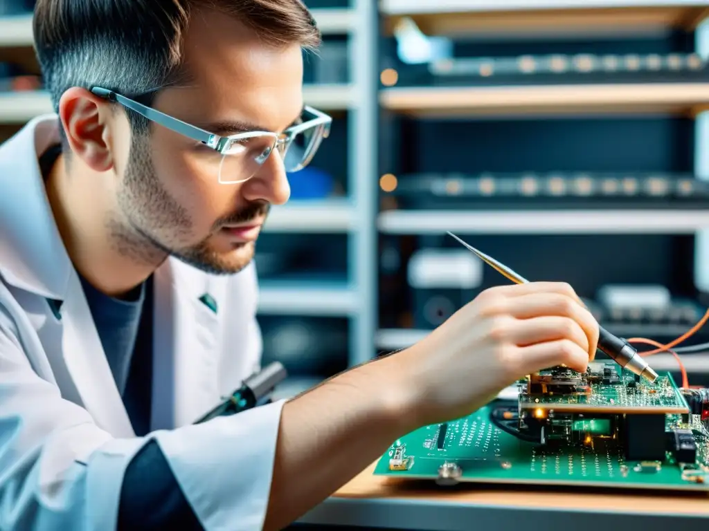 Un ingeniero robótico soldando circuitos en un brazo robótico prototipo, en un taller bien iluminado y organizado, con precisión y determinación, para un sistema operativo flexible para electrónica