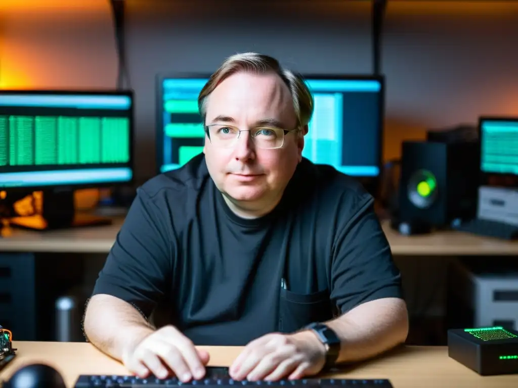 Linus Torvalds inmerso en el desarrollo del kernel de Linux, rodeado de código y piezas de computadora en un ambiente tenue