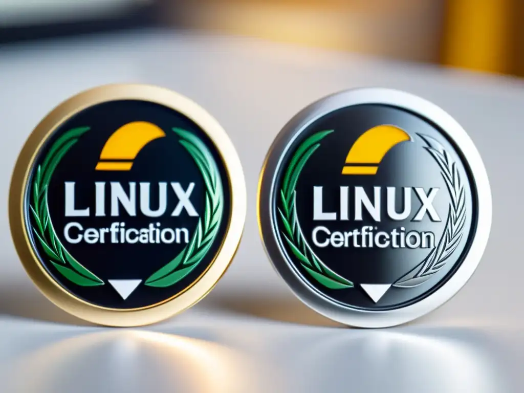 Dos insignias oficiales de certificación en Linux en un escritorio moderno, con luz natural