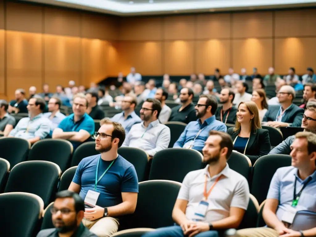 Intenso foro de desarrollo Linux avanzado con desarrolladores participando en animadas discusiones y proyectos innovadores, bañados en luz natural