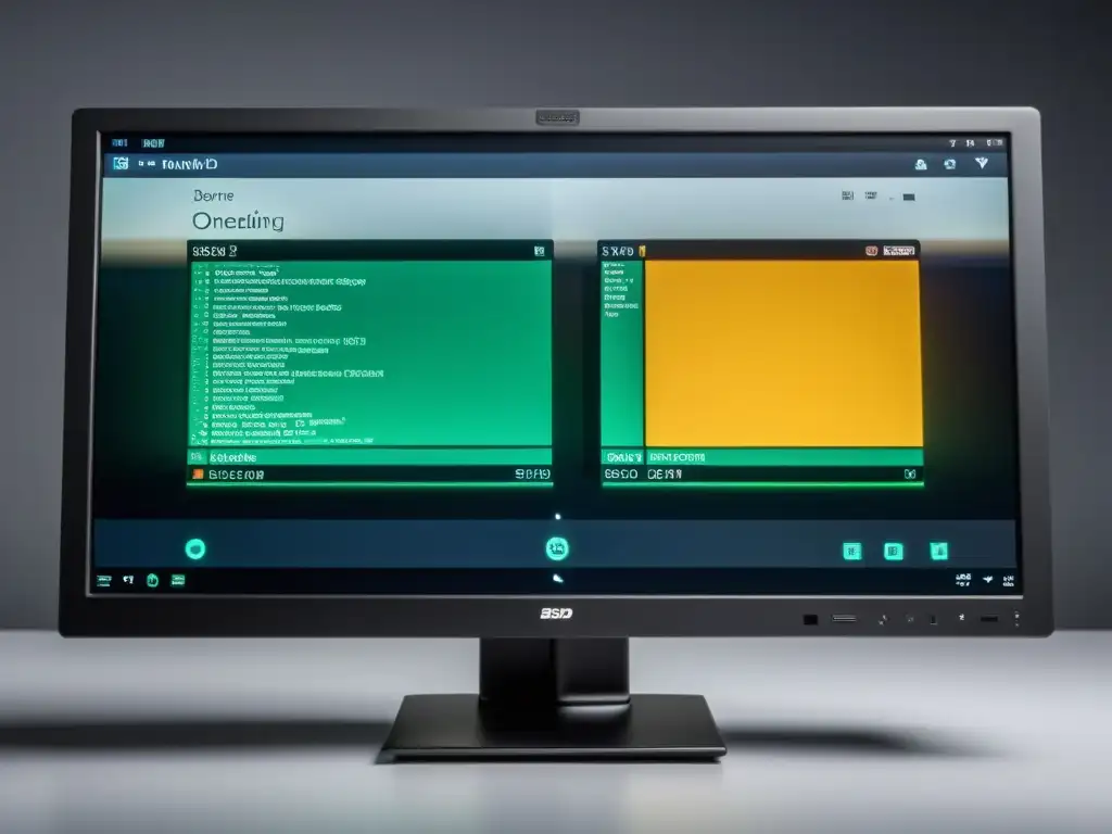 Dos interfaces se dividen en un monitor: BSD a la izquierda, Linux a la derecha