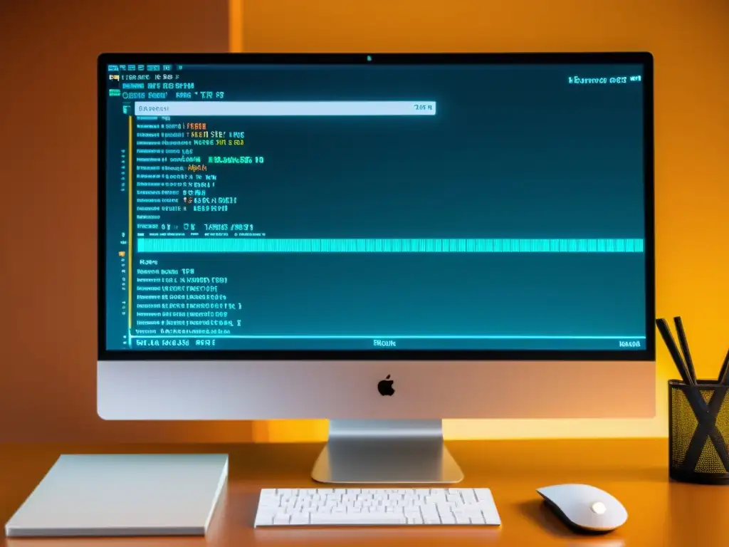 Sistema BSD: Interfaz minimalista y profesional Interfaz BSD en pantalla con líneas de código, monitor de sistema y actividad de red