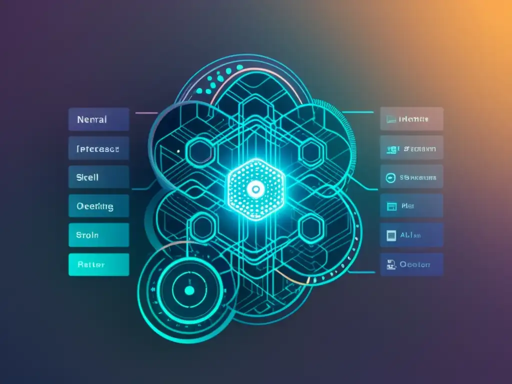 Una interfaz futurista con complejos algoritmos y redes neuronales interconectadas, representando la capacidad real de la IA en sistemas alternativos