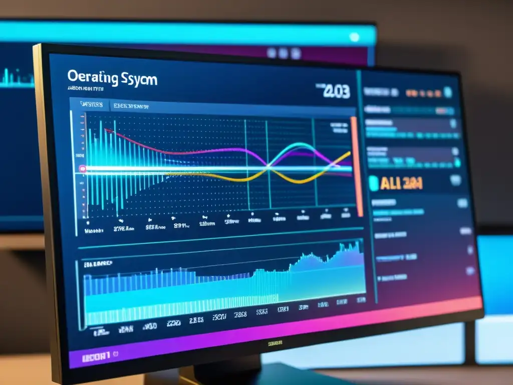 Interfaz futurista de sistemas operativos alternativos impacta en inteligencia artificial con visualización de datos y algoritmos de aprendizaje automático