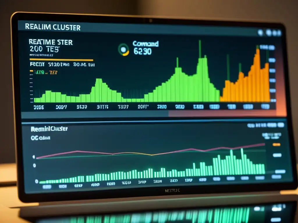 Interfaz de línea de comandos mostrando datos en tiempo real de monitoreo de clústeres en Linux y BSD, con diseño minimalista y gráficos informativos