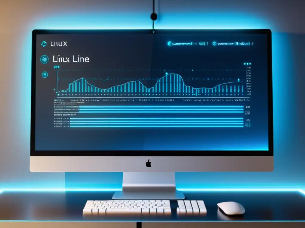 Interfaz de línea de comandos Linux futurista en 8k Interfaz de línea de comandos de Linux futurista y minimalista con datos y código en ventanas iluminadas por un suave resplandor azul