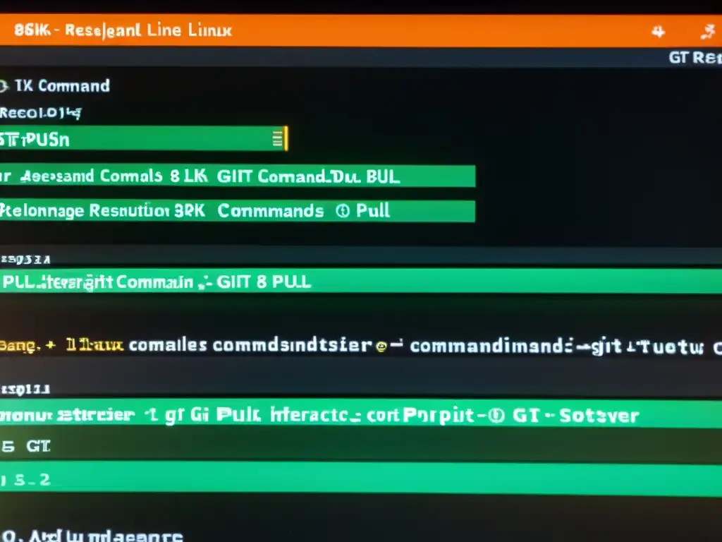 Interfaz de línea de comandos en Linux con Git, mostrando comandos como git commit, git push y git merge