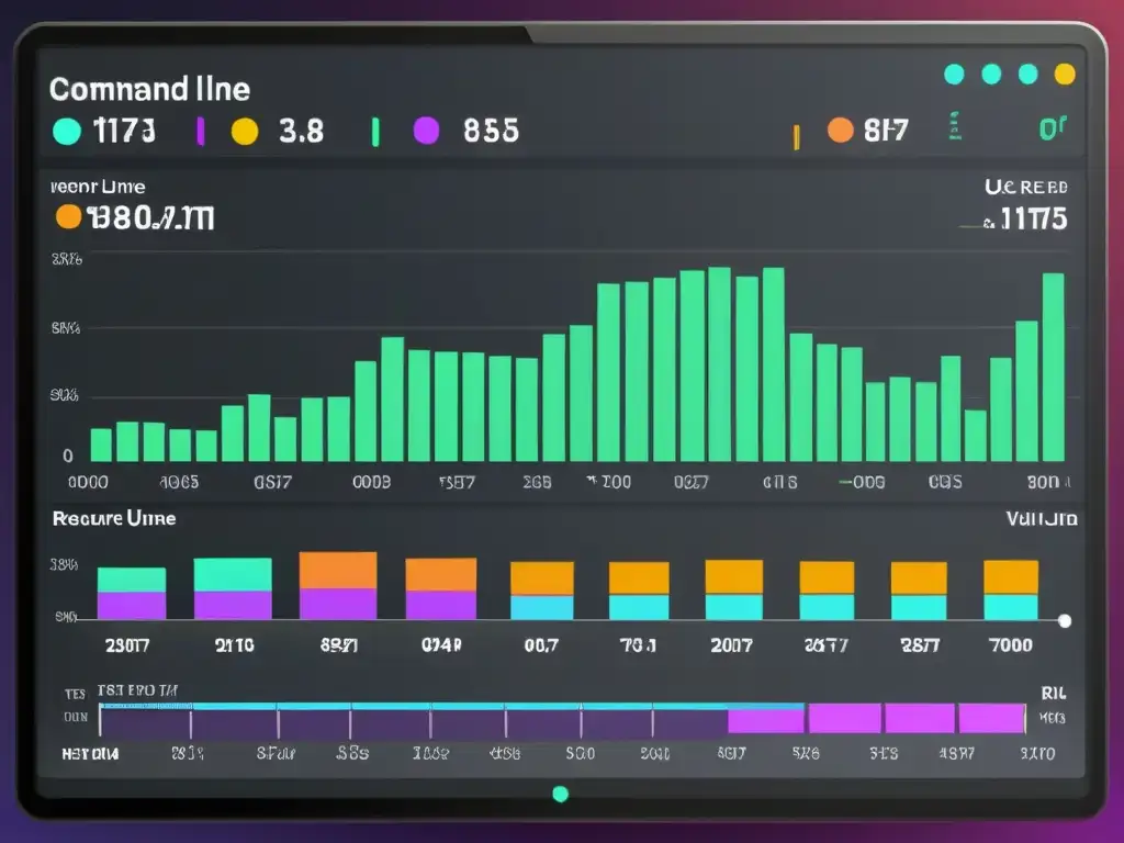 Interfaz de línea de comandos con gráficos coloridos que ilustran el uso de CPU, memoria y disco