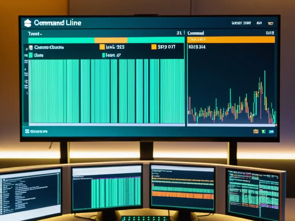 Automatización avanzada en Linux: Código, visualizaciones y eficiencia Interfaz de línea de comandos en Linux con múltiples ventanas abiertas mostrando scripts y visualizaciones de datos