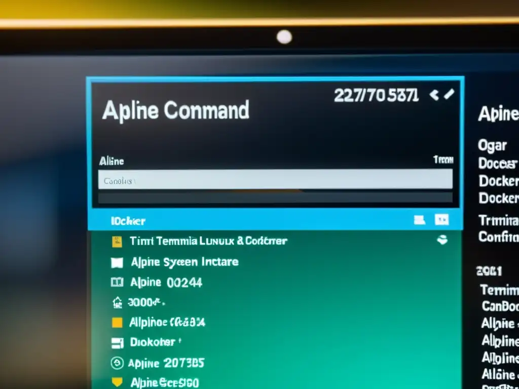 Interfaz de línea de comandos de Alpine Linux en pantalla de computadora, mostrando contenedor Docker ligero y eficiente