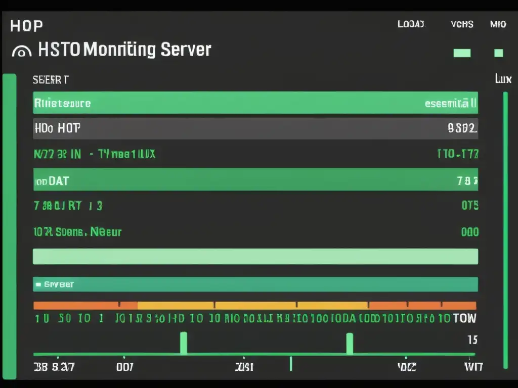 Interfaz de línea de comandos en un servidor Linux, mostrando herramientas de monitoreo como htop, iotop y nload