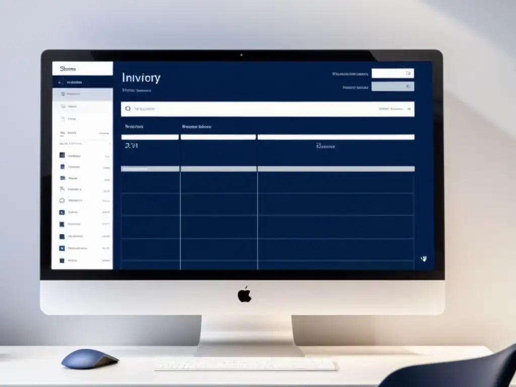 Interfaz moderna de software gestión inventarios compatible BSD en monitor grande, eficiencia y diseño minimalista en tonos azules y grises