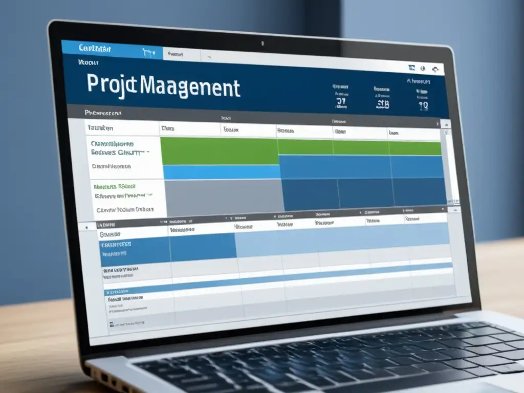 Interfaz moderna de software de gestión de proyectos BSD mostrando un diagrama de Gantt y un panel de asignación de recursos