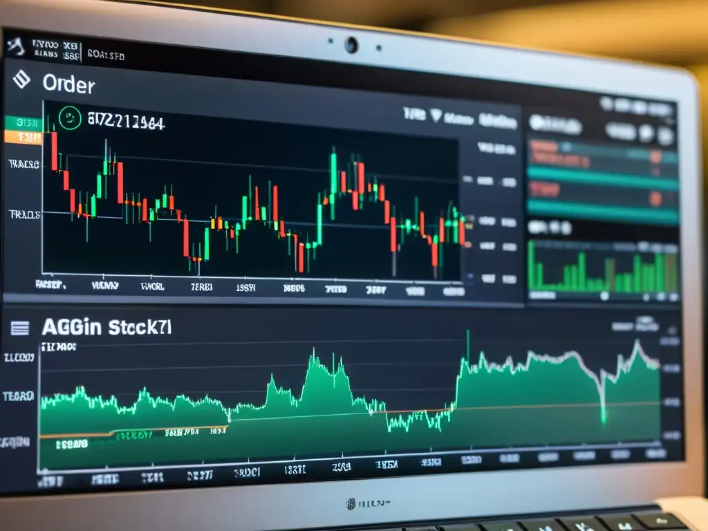 Interfaz de plataforma de trading en Linux con gráficos de acciones en tiempo real y herramientas de trading, transmitiendo profesionalismo y eficiencia en las operaciones