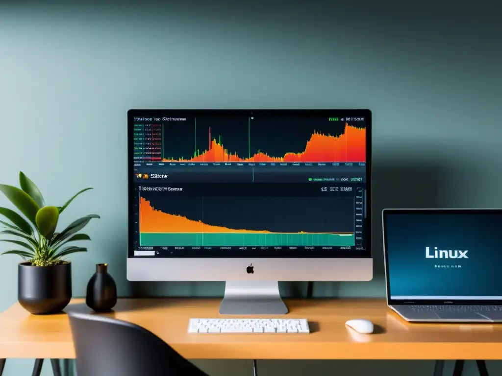 Interfaz de plataforma de trading moderna en monitor Linux de alta resolución, rodeado de decoración minimalista